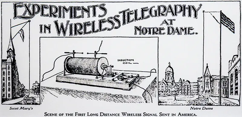 A black and white poster created to promote the wireless experiments on Notre Dame and Saint Mary's campuses.