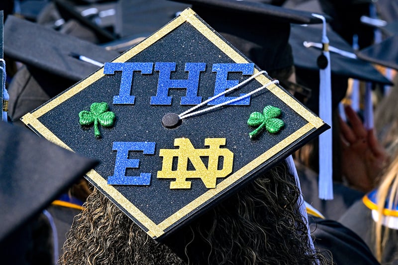 A graduate's cap design made of letters with sparkles spelling out 'The End' with the interlocked monogram.