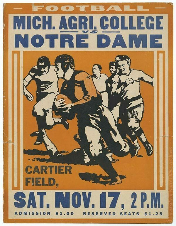 Vintage football program for the Michigan Agricultural College vs. Notre Dame game at Cartier Field on Saturday, November 17th at 2 PM. A stylized illustration depicts a football player in a dark jersey running with the ball, other players in light and dark uniforms in action behind him. The program is orange and blue.