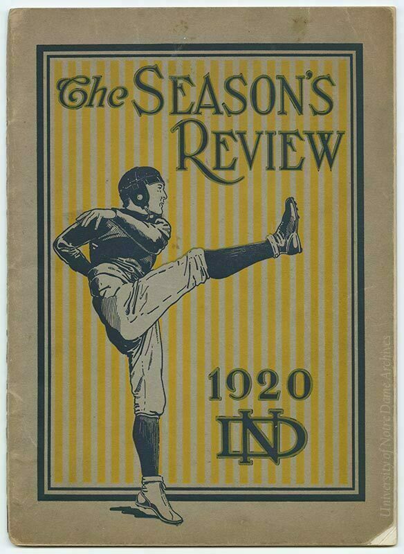 Cover of The Season's Review, 1920, featuring a football player in a dark uniform kicking against a gold and tan striped background, with the ND monogram below.