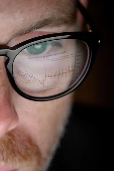 A close-up of a person's eye, with a graph reflected in their eyeglasses.