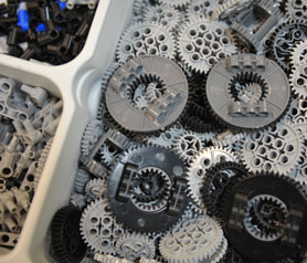Closeup of a tray of various types of Legos