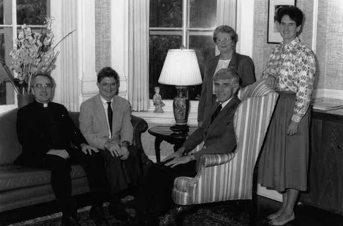 Office of the Provost - Rev. Oliver Williams C.S.C., Timothy O’Meara, Roger Schmitz, Sr. Isabel Charles, and Eileen Kolman, 1990.