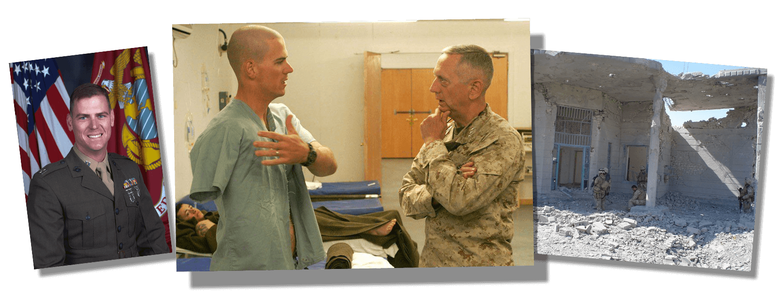 Left: Regan Jones. Center: Jones with Secretary Mattis when he was recovering in post-op after his gunshot wound in Iraq. Right: Jones resting after assaulting enemy building.