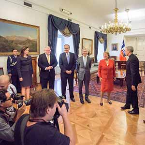 Mar. 8, 2016; President Michelle Bachelet of Chile greets the University of Notre Dame delegation at La Moneda Presidential Palace in Santiago, Chile. (Photo by Matt Cashore/University of Notre Dame)