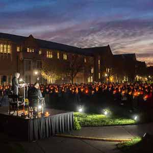November 14, 2016; University President Rev. John I. Jenkins, C.S.C. offers a reflection during an Interfaith Prayer Service for Respect and Solidarity in front of O'Shaughnessy Hall. (Photo by Matt Cashore/University of Notre Dame)
