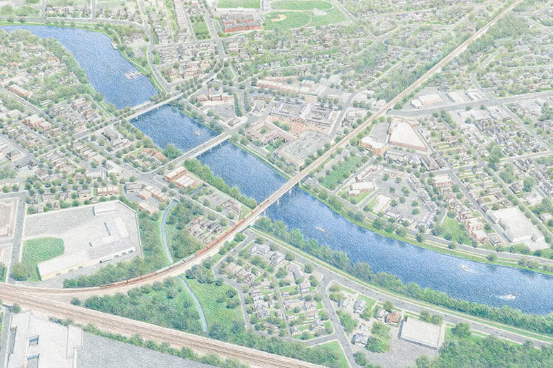 An aerial render of proposed masterplan in South Bend looking north