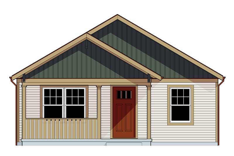 An architectural illustration of a one-story Craftsman Bungalow featuring a covered porch, light brown and green siding, and a rust orange door.
