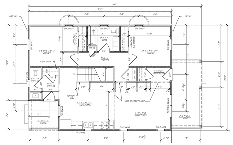 An architectural blueprint of a home's main floor. Labels of each room are displayed along with arrows pointing to particular details.