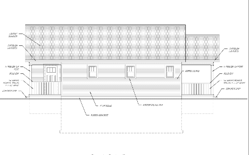An architectural blueprint of a home's south side elevation. Labels of each room are displayed along with arrows pointing to particular details.