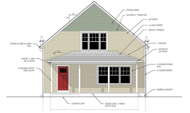 An architectural illustration of a two-story home featuring a covered porch. Labels and arrows point to particular details.