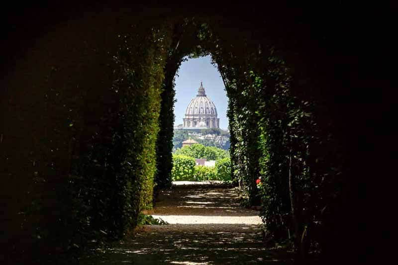 The Dome of the Vatican through an archway of trees.