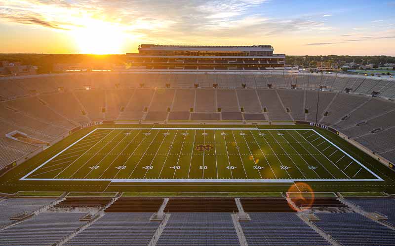 Sunrise over Notre Dame Stadium.