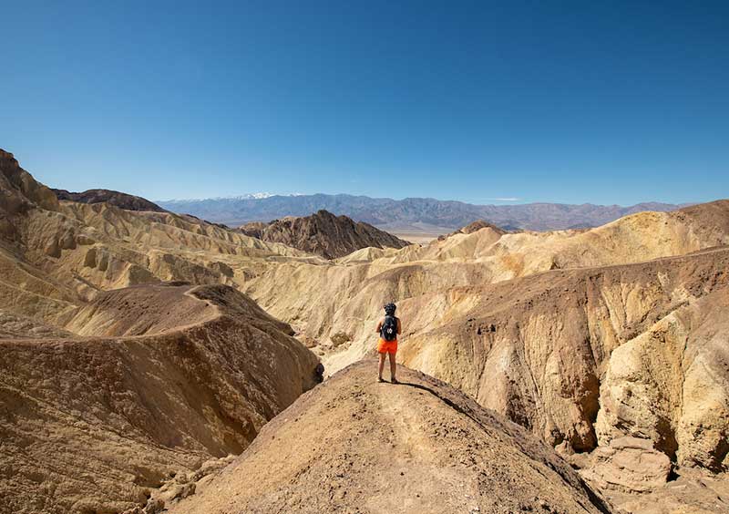 A student stands admiring the Golden Canyon badlands from the base of the Red Cathedral conglomerate.