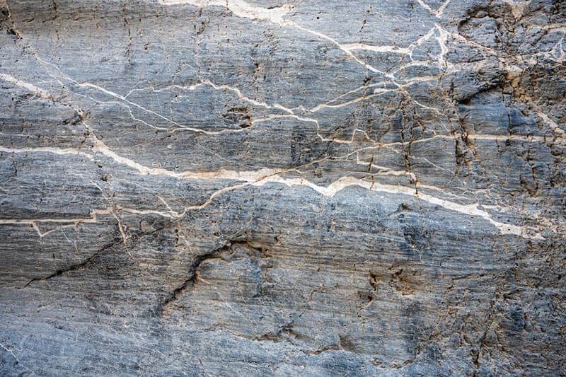 Vein like markings on the side of a rock formation.