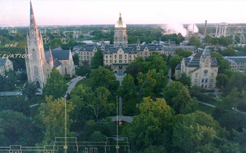 An aerial shot of Notre Dame's campus, including the Main Building and Basilica.