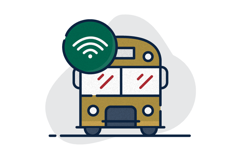 An illustration of a school bus from the front. A green circle with a wifi signal slightly overlapping the top left of the bus.