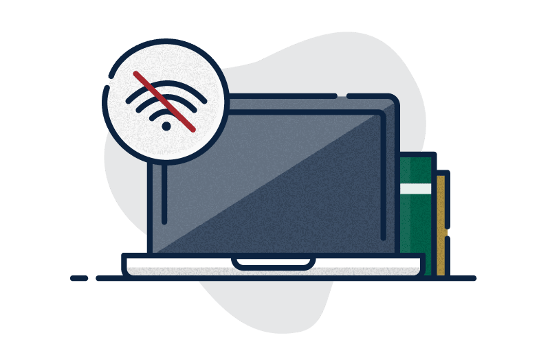 An illustration of an opened laptop and two small books to the right leaning on the laptop. A circle with a no-wifi signal slightly overlapping the top left of the laptop.