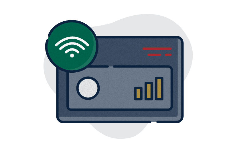 An illustration of a personal hotspot device. A green circle with a wifi signal slightly overlapping the top left of the hotspot.