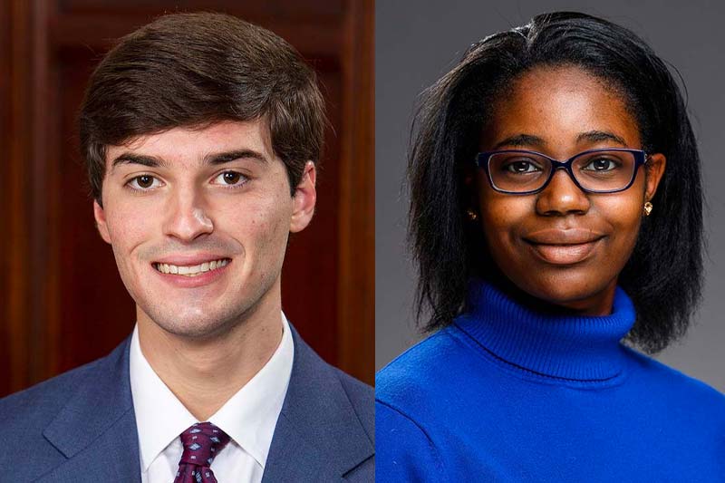 A headshot of Brady Stiller, a white man wearing a light blue suit and red tie, and Love Osunnuga, a Black woman, wearing glasses and a royal blue turtleneck.