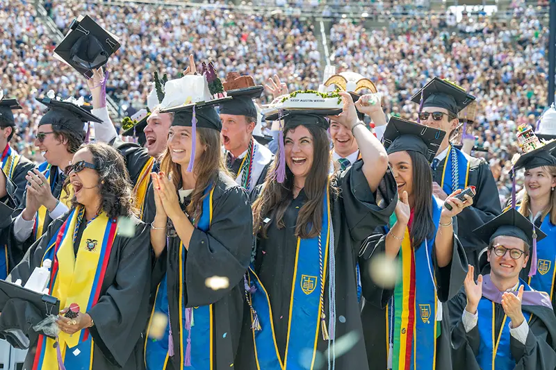 School of Architecture graduates celebrate at the close of the 2024 Commencement ceremony in Notre Dame Stadium.