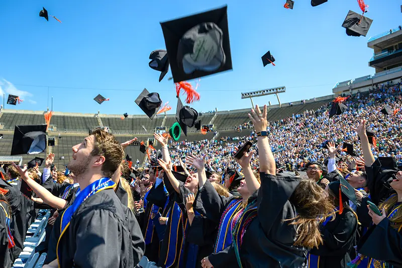 Graduates toss their caps at the close of the 2024 Commencement ceremony in Notre Dame Stadium.