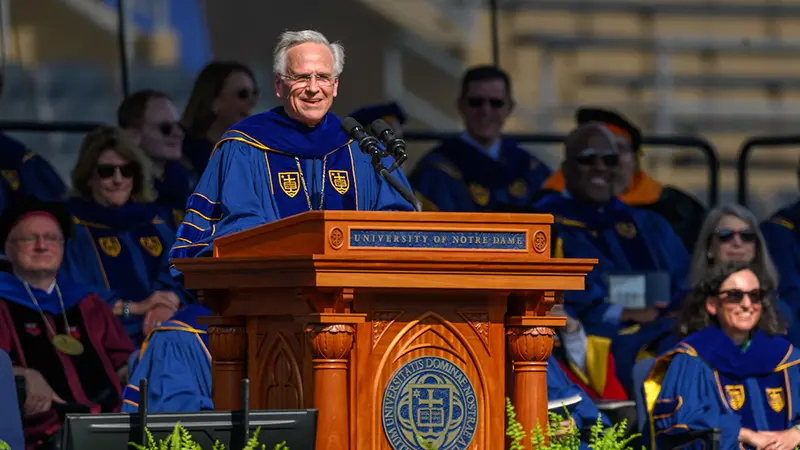 University of Notre Dame President Rev. John I. Jenkins, C.S.C. gives the Commencement address at the 2024 Commencement Ceremony in Notre Dame Stadium.