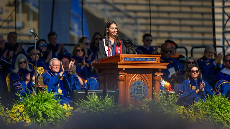University of Notre Dame Valedictorian Isabela Tasende gives her address at the 2024 Commencement ceremony in Notre Dame Stadium.