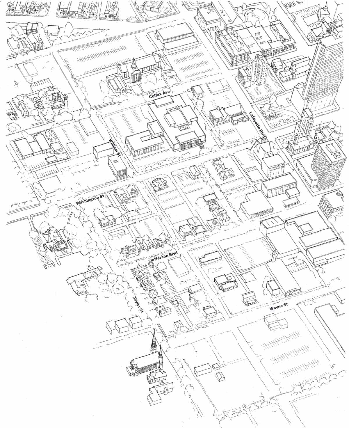 An aerial view drawing of downtown South Bend. There are several large, empty parking lots and bare, unused spaces.