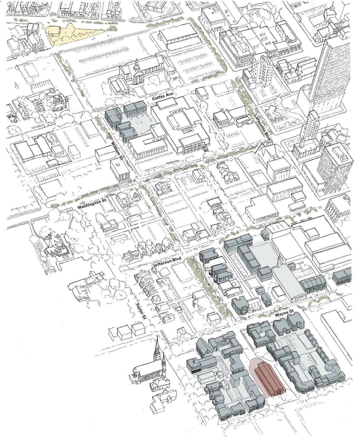 An aerial view drawing of South Bend highlighting a large market hall south of downtown.