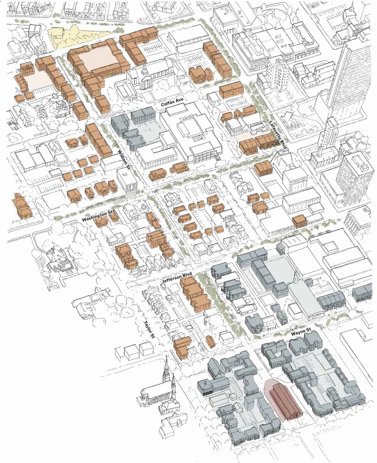 An aerial view drawing of downtown South Bend highlighting several new buildings that fill up old empty lots.