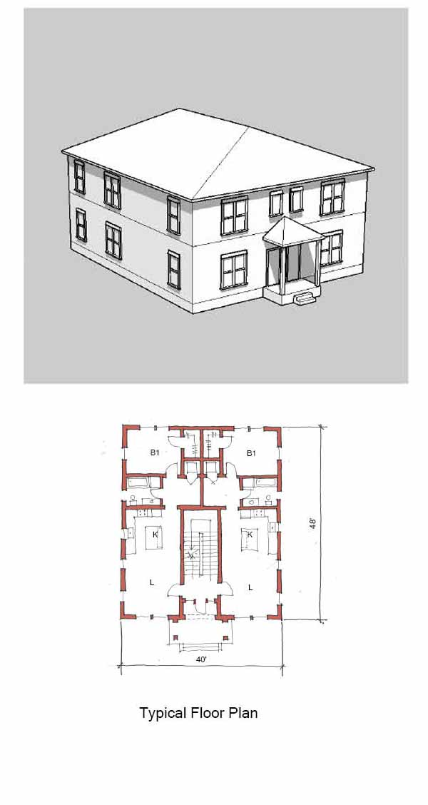 A perspective drawing of a fourplex, the covered entryway is in the center of the building.