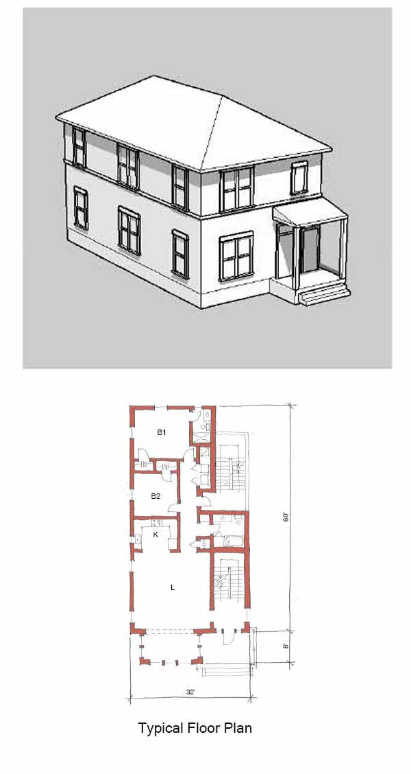 A perspective drawing of a stacked, two-story duplex, the covered entryway is to the right of the building.