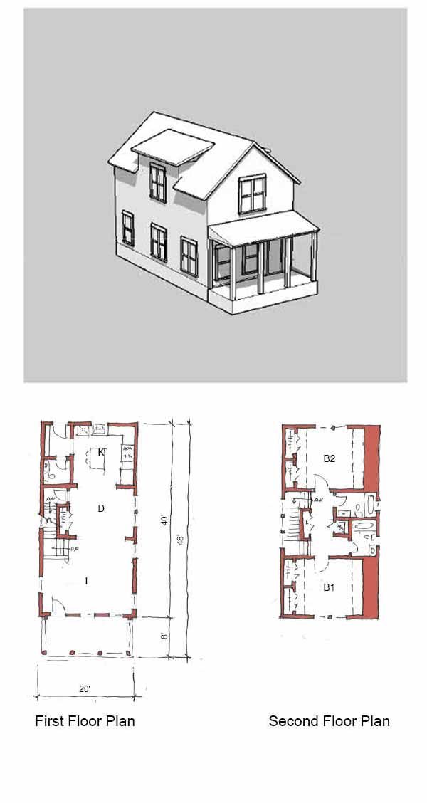 A perspective drawing of a two bedroom home featuring a small covered porch, first floor, and second floor.