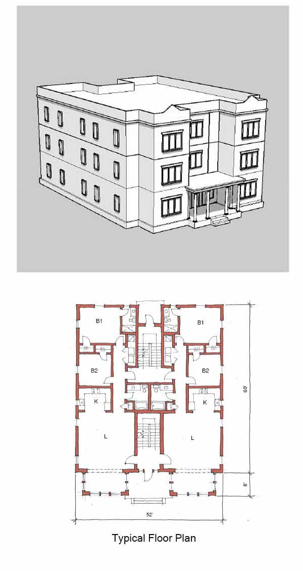 A perspective drawing of a multiplex. It has three-stories and a larger covered entryway.