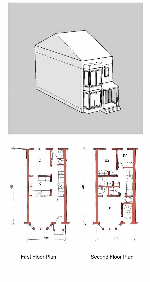 A perspective drawing of a narrow, double story townhouse. Two bay windows on both top and bottom floors and a small entryway on the right of the building.