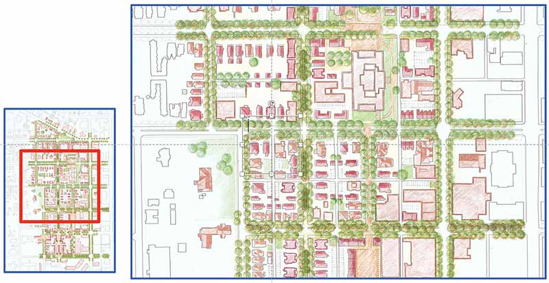 A red and green colored architectural aerial sketch of central downtown South Bend.