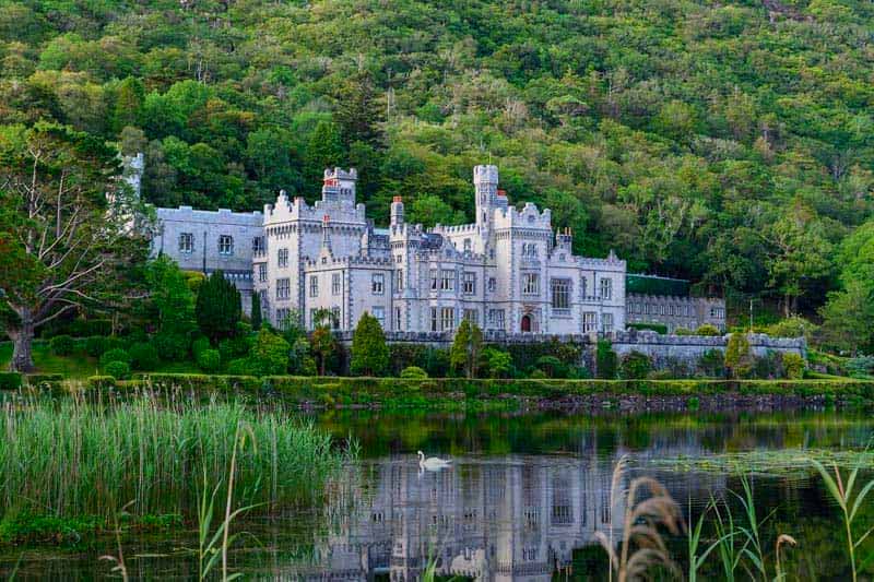 A large, white, and beautiful castle surrounded by greenery and a large pond.