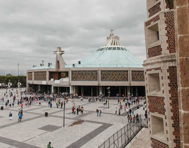 The green roof and cement crosses of the Basilica of Our Lady of Guadalupe