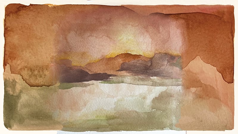 A watercolor painted scene with oranges, browns, and greens.