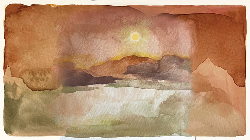 A watercolor scene with the sun shining.