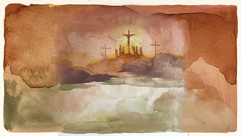 A watercolor scene with the sun shining, 3 crucifixes, and 6 silhouetted figures.