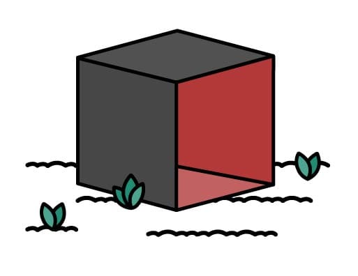 Illustration of a black box, open on one side to a red-painted interior on the forest floor.