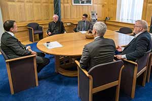 University of Notre Dame President Rev. John I. Jenkins, C.S.C., Vice President and Associate Provost for Internationalization Michael Pippenger and Vice President for Public Affairs and Communications Paul Browne meet with Ireland's Taoiseach Leo Varadkar in his office in Dublin, Ireland.