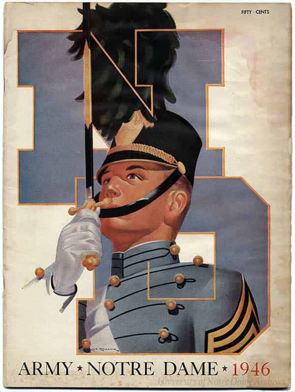 Football program featuring a drawing of an Army Cadet in front of an interlocking ND.