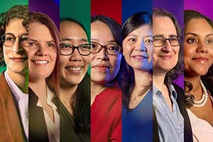 Portraits on colorful backgrounds of seven female faculty members