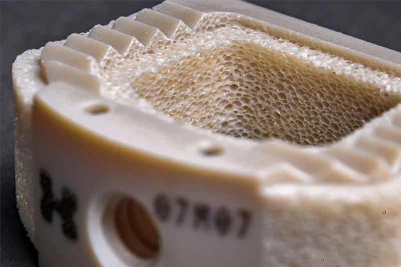 Close-up of a light beige, porous, 3D-printed biomaterial sample with a textured, honeycomb-like interior.