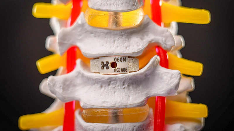 Close-up of a model spine with a small, white, rectangular implant between two vertebrae. Red and yellow spinal ligaments are visible.