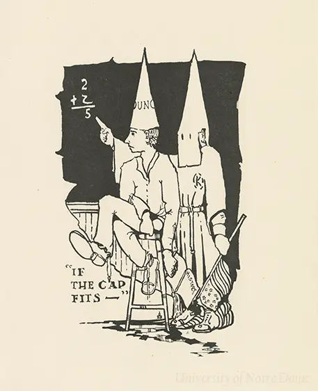 A black and white cartoon depicts a person in a dunce cap pointing to a chalkboard with a simple math equation. Behind them stand two figures in KKK hoods and robes, one holding an American flag draped over a book labeled 'History.' The caption reads, 'If the cap fits.' This image satirizes the KKK's historical denial of education and distortion of American history.