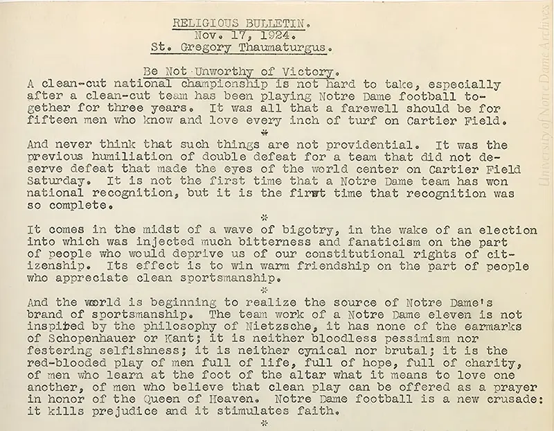 Typed Religious Bulletin dated November 17, 1924, for the Feast of St. Gregory Thaumaturgus, titled 'Be Not Unworthy of Victory.' The bulletin discusses Notre Dame's national championship win and the team's clean sportsmanship, contrasting it with the bigotry and fanaticism of the recent election. It praises the team's teamwork and charitable spirit, describing Notre Dame football as a new crusade.
